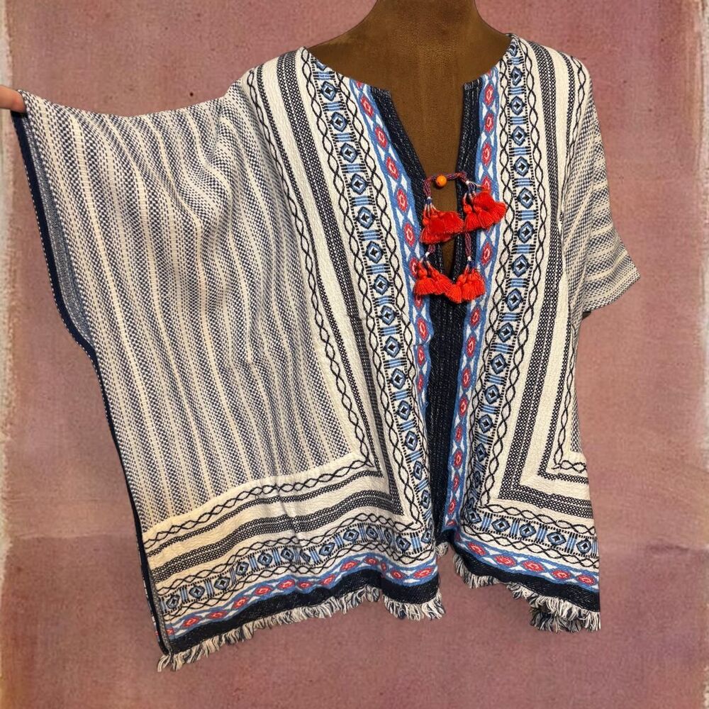 Tory Burch Boho Lagenlook Oversized 98% Cotton Poncho Kaftan Top